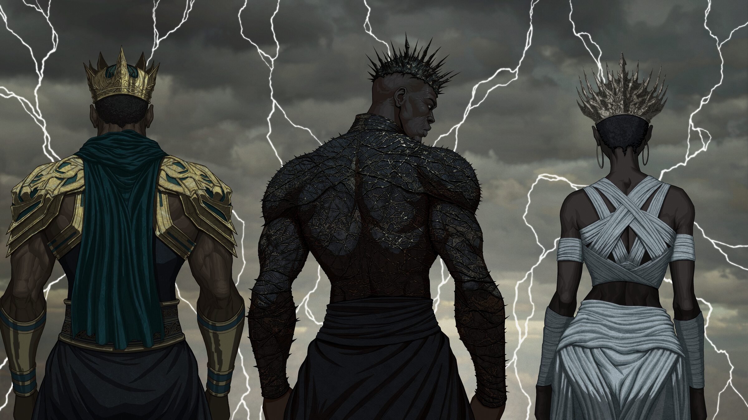Marcos, Osha, and Ebro — three figures crowned in lightning