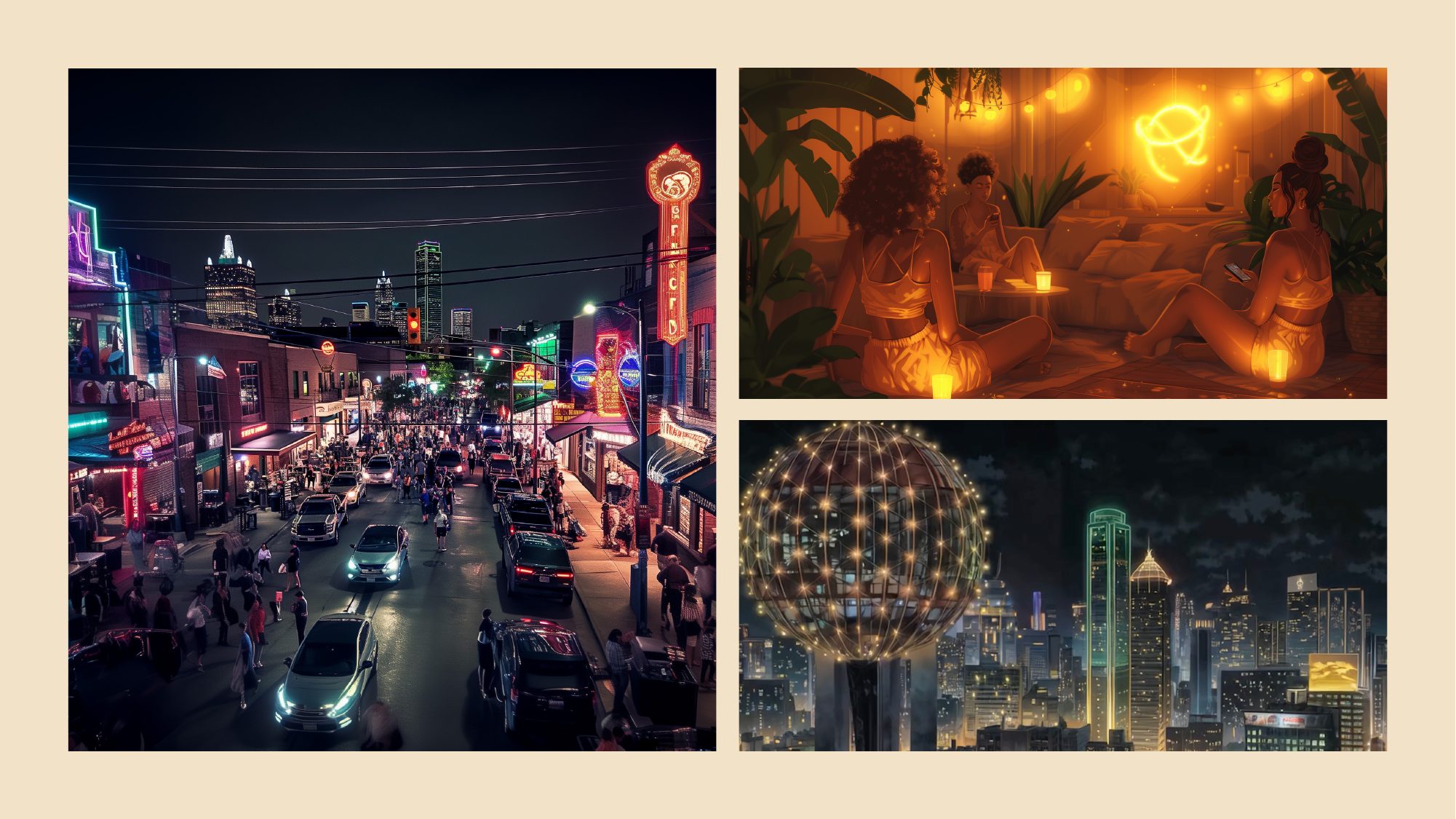 Dallas — Deep Ellum at night, an intimate gathering, the city skyline