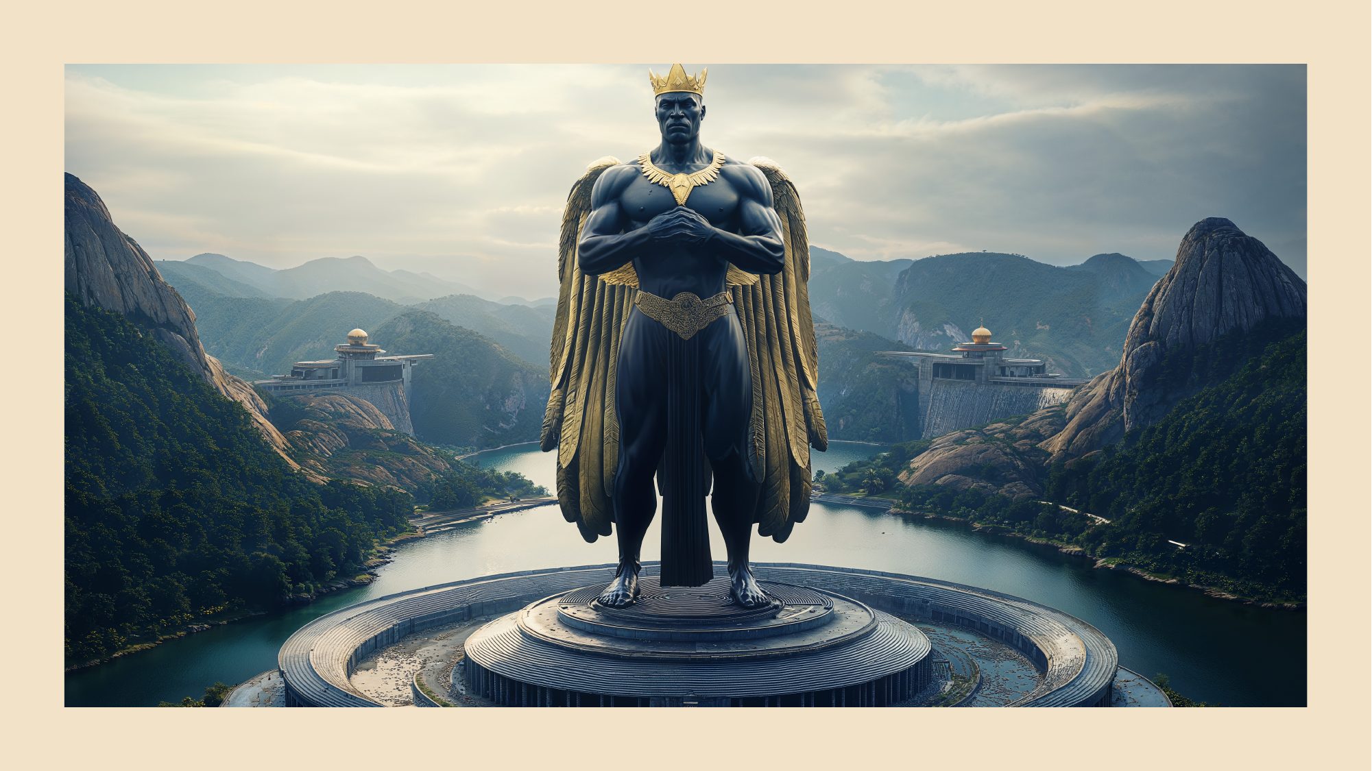 The divine statue — winged crowned colossus on a circular plaza