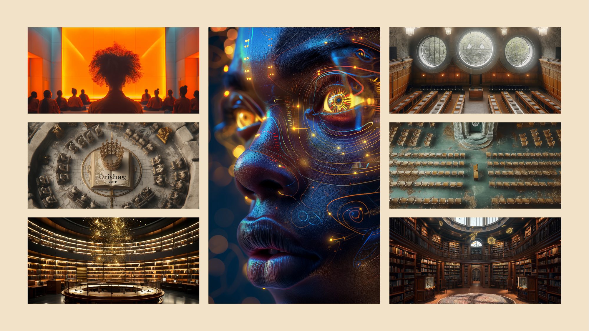IFÁ divination — the face inscribed with golden circuitry