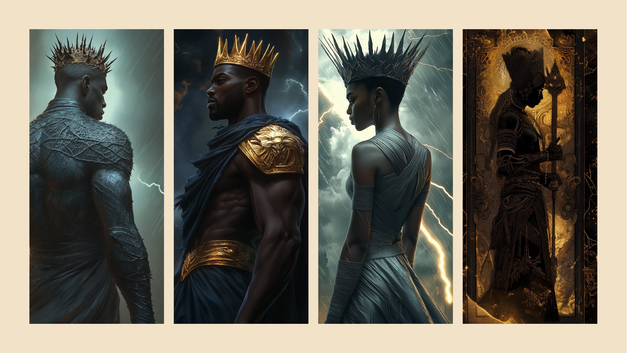 The Orisha pantheon — four crowned figures with storms and lightning