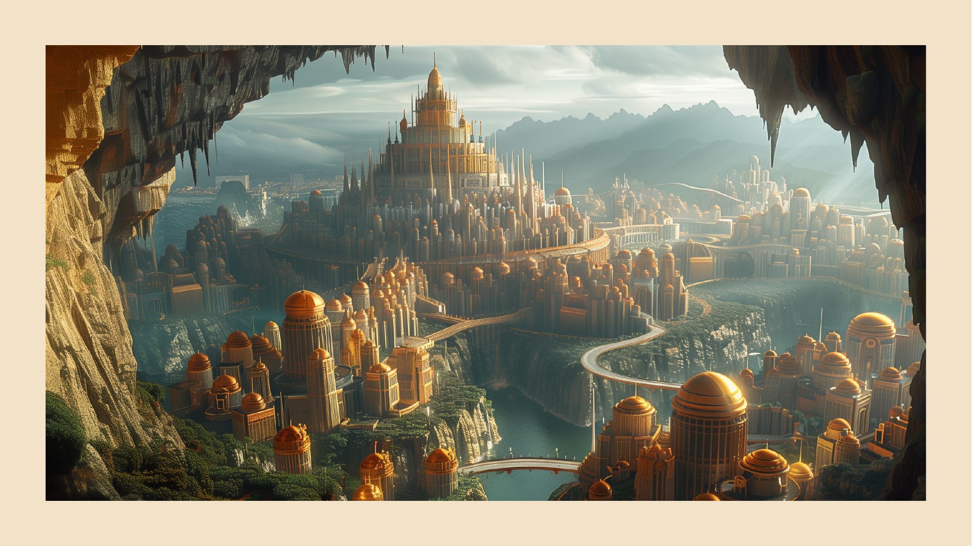 Yorubaland citadel — golden cave-city aerial