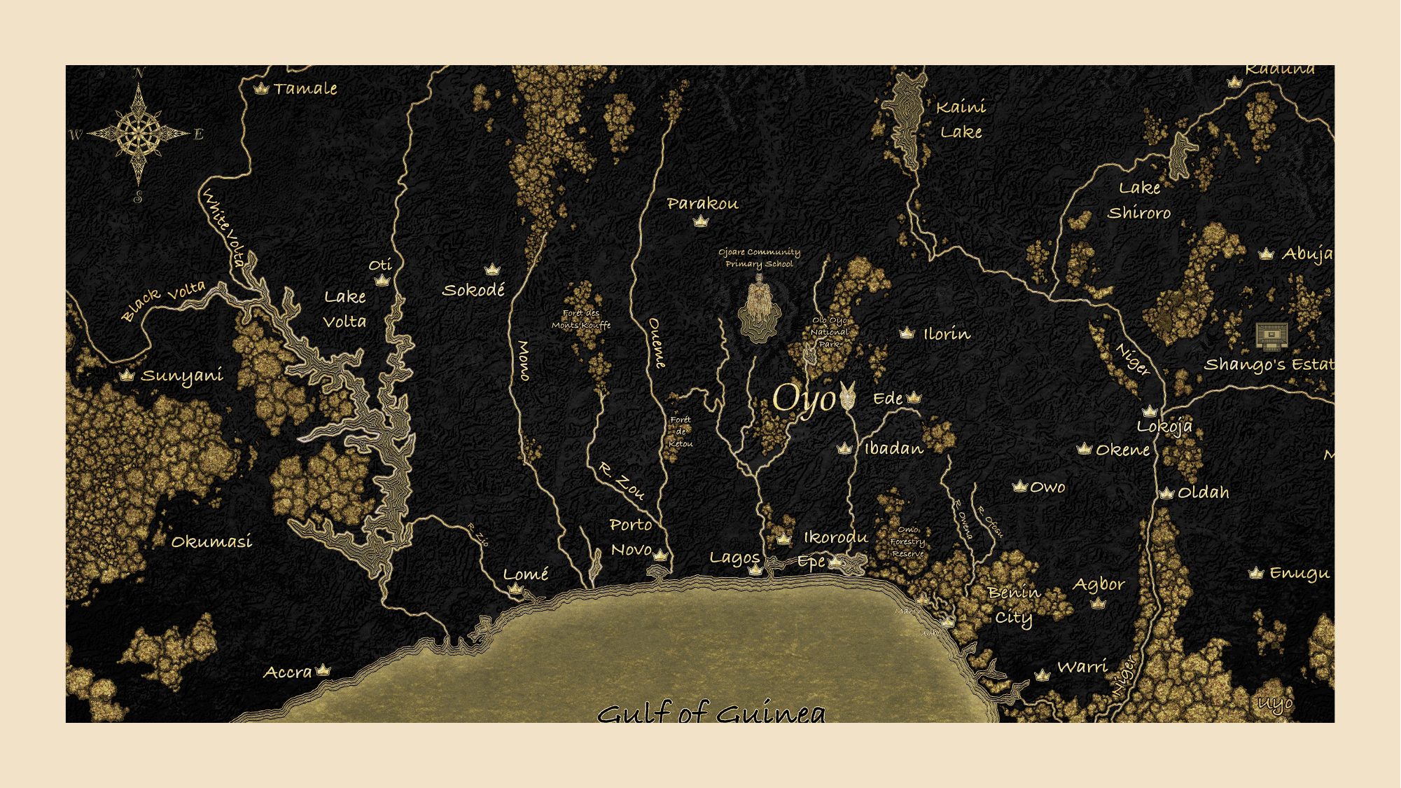 Yorubaland map — black-and-gold cartography