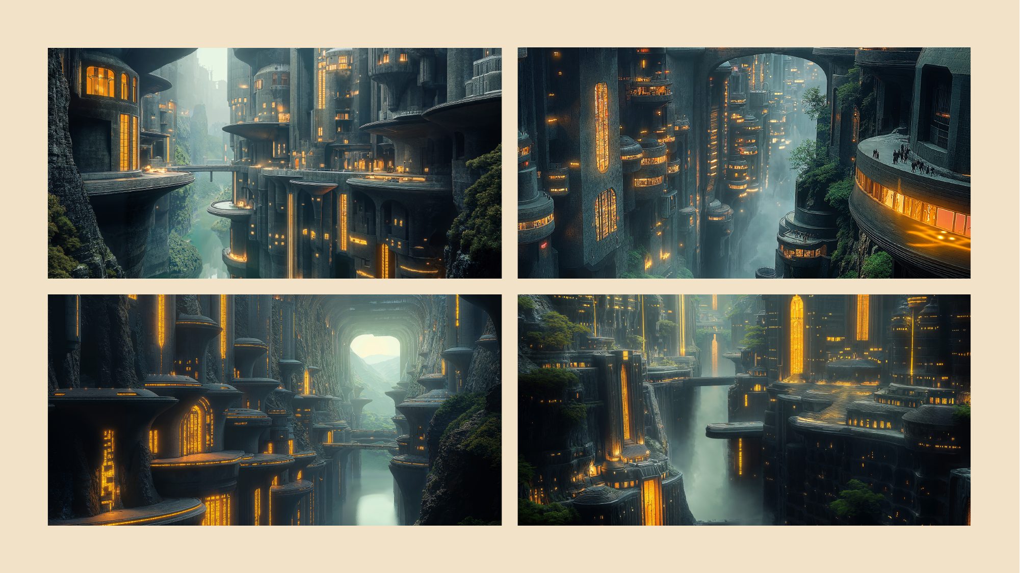 Yorubaland nightscape — four panels of the glowing cliff-city at night
